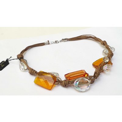 Collana con pietre topazio e cristallo, chiusura moschettone, manifattura con cordone