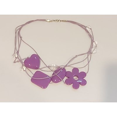  Collana multifili in corda e resina, lilla e cristallo 