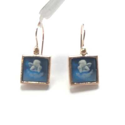  Orecchini in argento placcato-oro quadrati con angioletto..blu