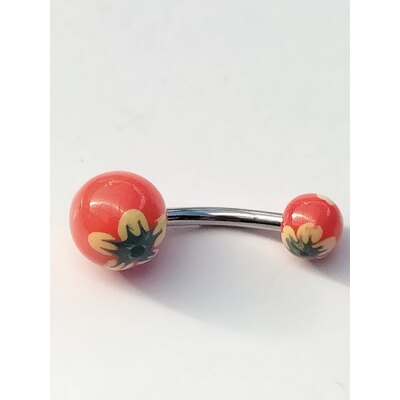  Piercing per ombelico arancione con fiore dipinto, barretta in acciaio 