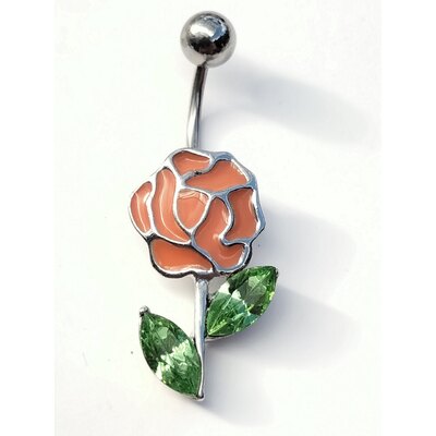  Piercing per ombelico fiore arancione  in smalto e foglie swarovski verdi