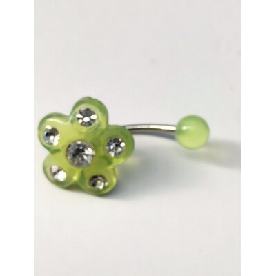  Piercing per ombelico  in acciaio e fiore in  resina verde, con swarovski 
