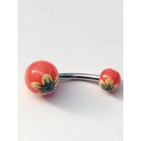Piercing per ombelico arancione con fiore dipinto, barretta in acciaio 