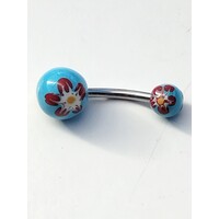Piercing per ombelico azzurro con fiore dipinto, barretta in acciaio 