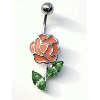 Piercing per ombelico fiore arancione  in smalto e foglie swarovski verdi